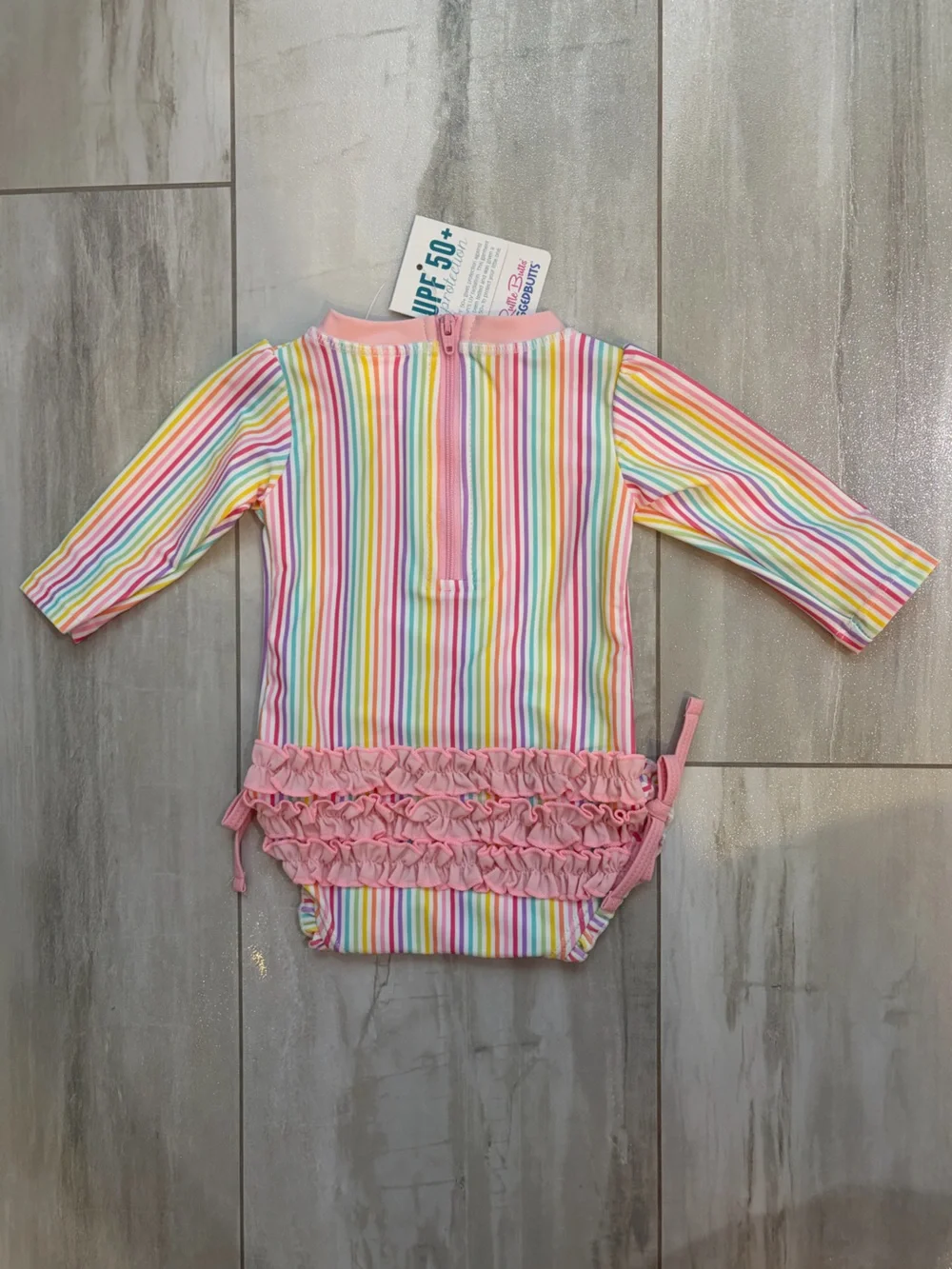 NWT RuffleButts Colorful Rainbow Stripe Long Sleeve Rash Guard Swimsuit 3-6M